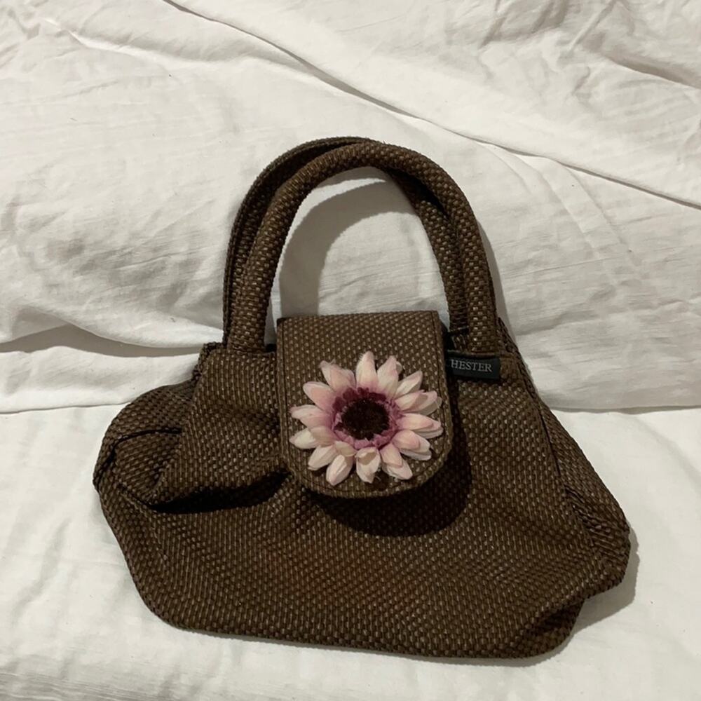 Chester brown synthetic soft straw like material handbag flower on flap over